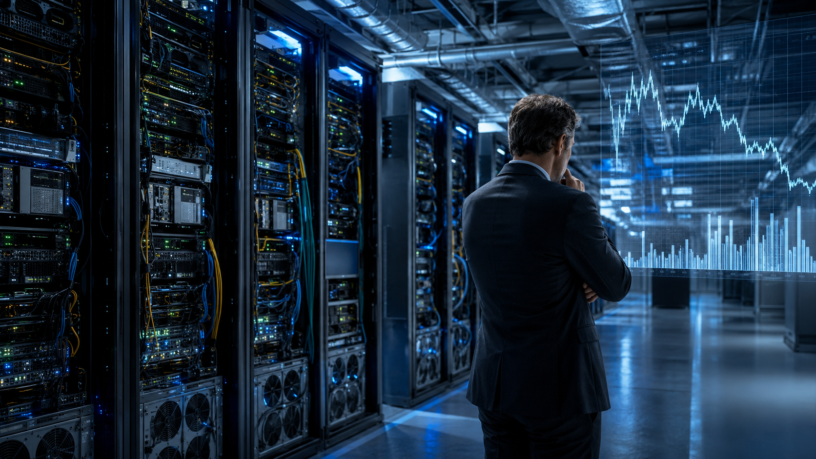 Business executive standing inside a large AI data centre while analysing a financial chart showing uncertain investment returns.