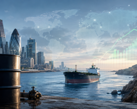 A crude oil barrel, tanker ship, financial skyline, and global market graphics symbolizing falling oil prices and improving investor risk appetite.