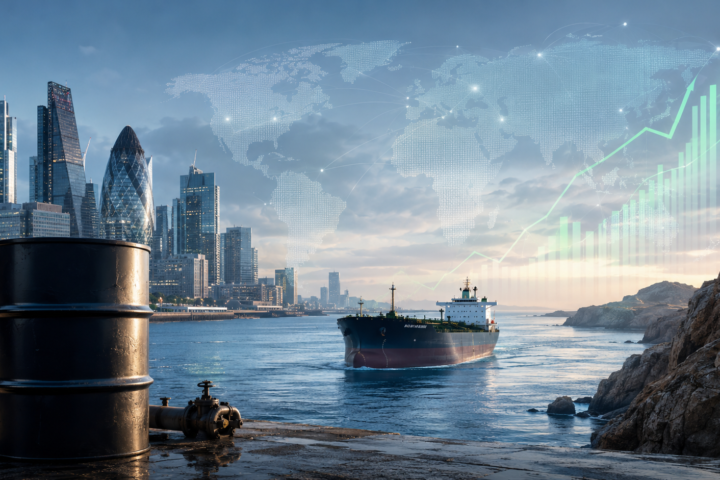 A crude oil barrel, tanker ship, financial skyline, and global market graphics symbolizing falling oil prices and improving investor risk appetite.