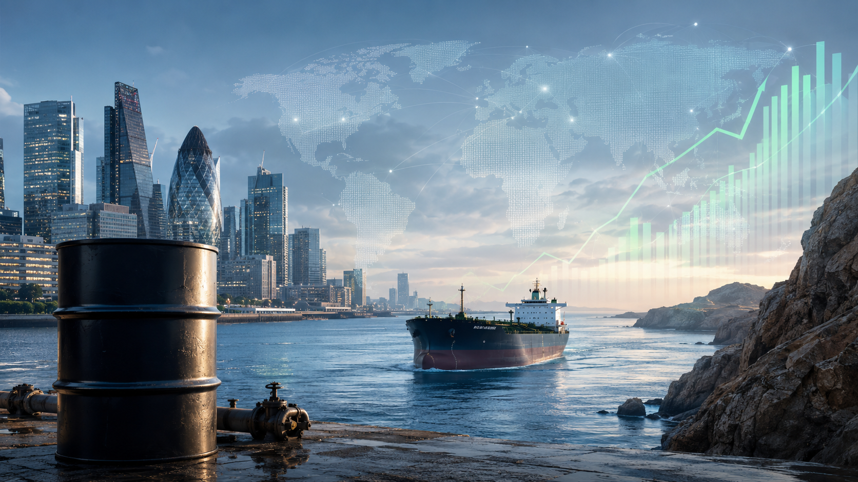 A crude oil barrel, tanker ship, financial skyline, and global market graphics symbolizing falling oil prices and improving investor risk appetite.