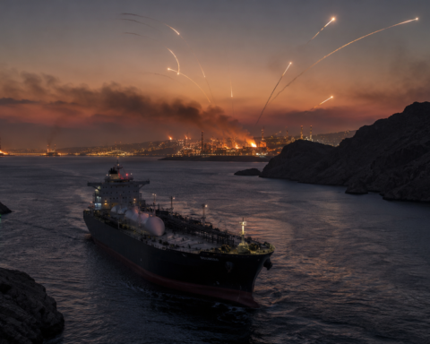 An LNG tanker sails through a narrow coastal waterway at dusk as missile trails arc across the sky and fires burn at an industrial energy complex in the distance.