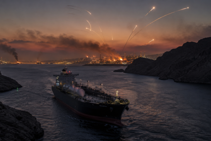 An LNG tanker sails through a narrow coastal waterway at dusk as missile trails arc across the sky and fires burn at an industrial energy complex in the distance.