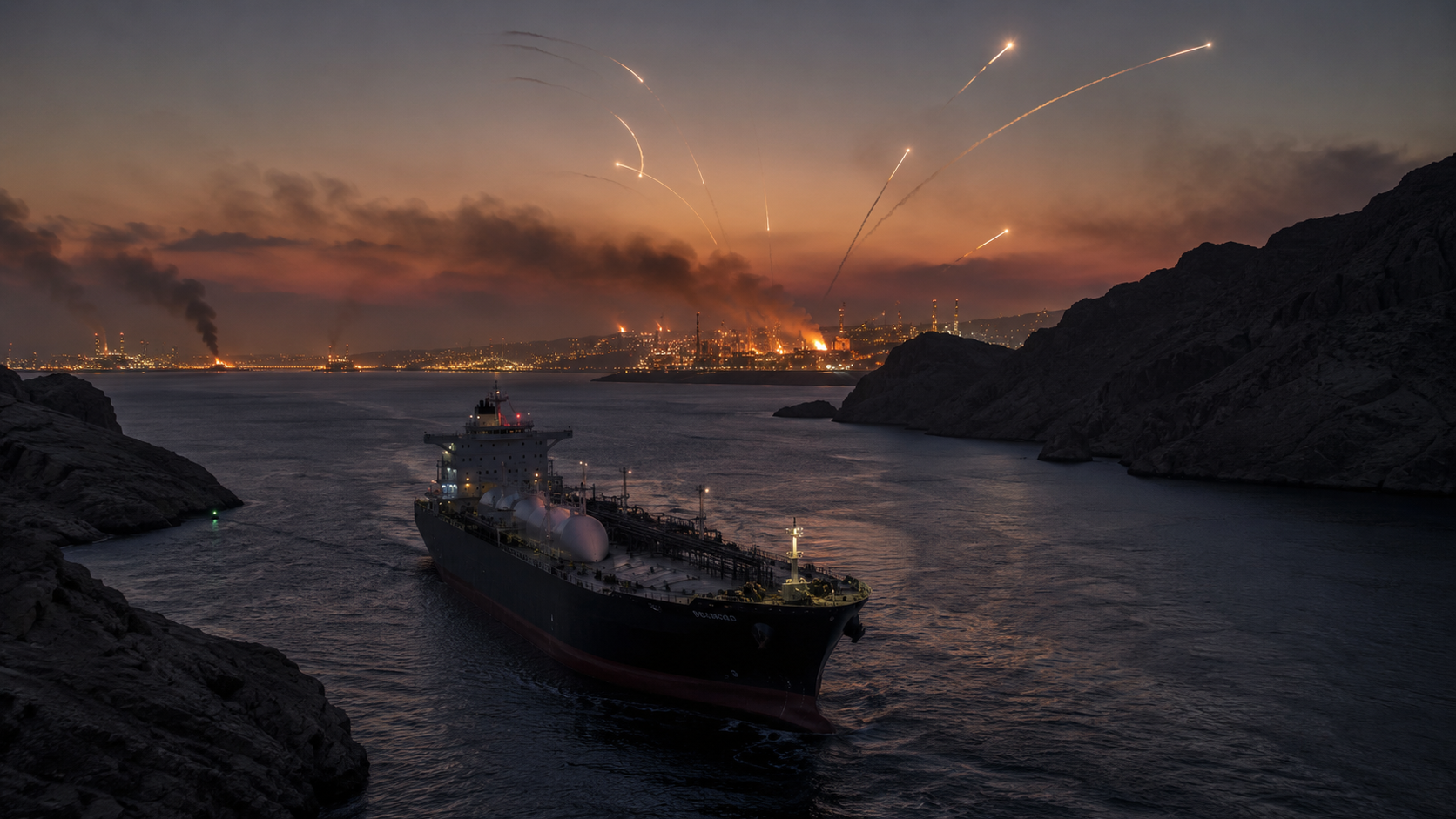 An LNG tanker sails through a narrow coastal waterway at dusk as missile trails arc across the sky and fires burn at an industrial energy complex in the distance.