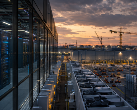 Large AI data center campus with illuminated server racks, cooling systems, construction cranes and power infrastructure at sunset.