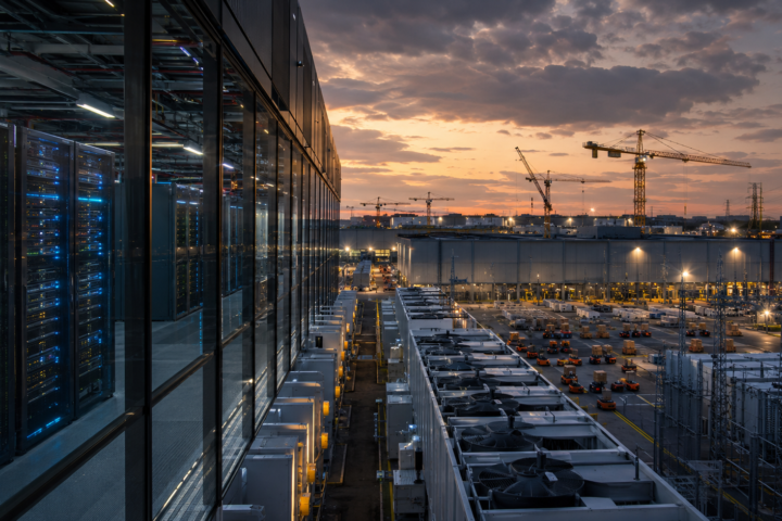 Large AI data center campus with illuminated server racks, cooling systems, construction cranes and power infrastructure at sunset.