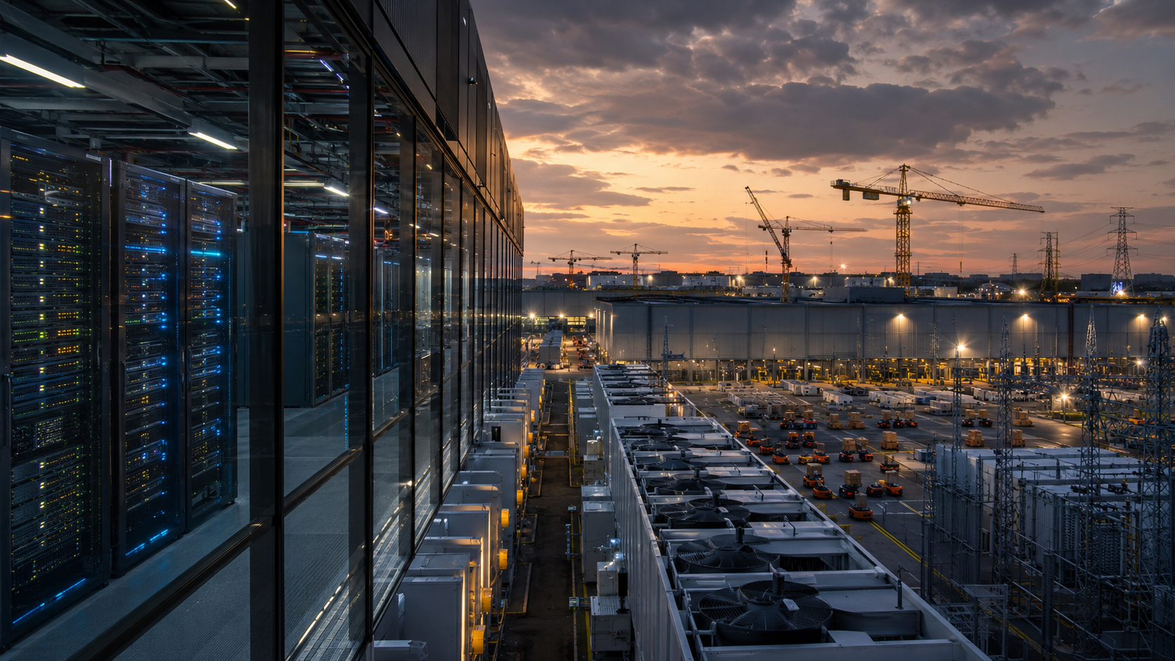 Large AI data center campus with illuminated server racks, cooling systems, construction cranes and power infrastructure at sunset.