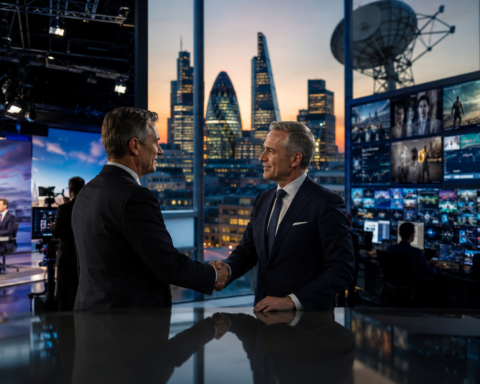 Two business executives shake hands inside a modern television newsroom and media control room overlooking the London skyline, symbolizing Comcast’s Sky acquisition of ITV broadcasting and streaming assets.