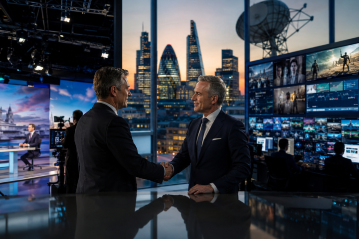 Two business executives shake hands inside a modern television newsroom and media control room overlooking the London skyline, symbolizing Comcast’s Sky acquisition of ITV broadcasting and streaming assets.