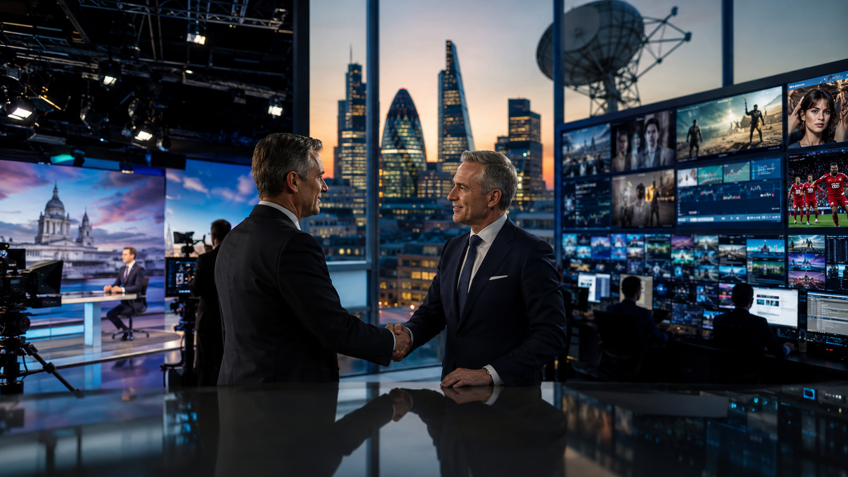 Two business executives shake hands inside a modern television newsroom and media control room overlooking the London skyline, symbolizing Comcast’s Sky acquisition of ITV broadcasting and streaming assets.