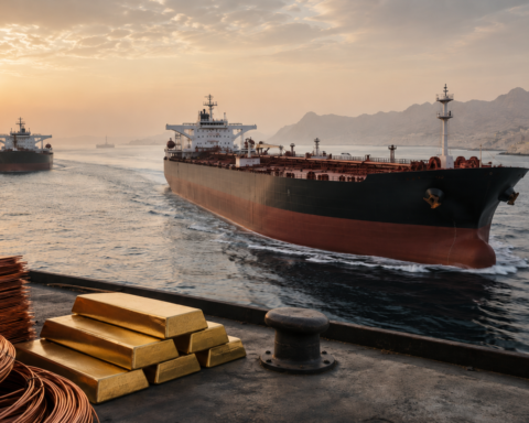 Photorealistic oil tankers moving through a narrow coastal waterway at sunrise, with offshore energy infrastructure, gold bars and copper materials symbolizing commodities markets.