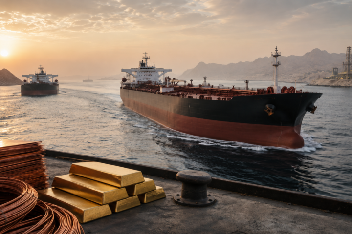 Photorealistic oil tankers moving through a narrow coastal waterway at sunrise, with offshore energy infrastructure, gold bars and copper materials symbolizing commodities markets.