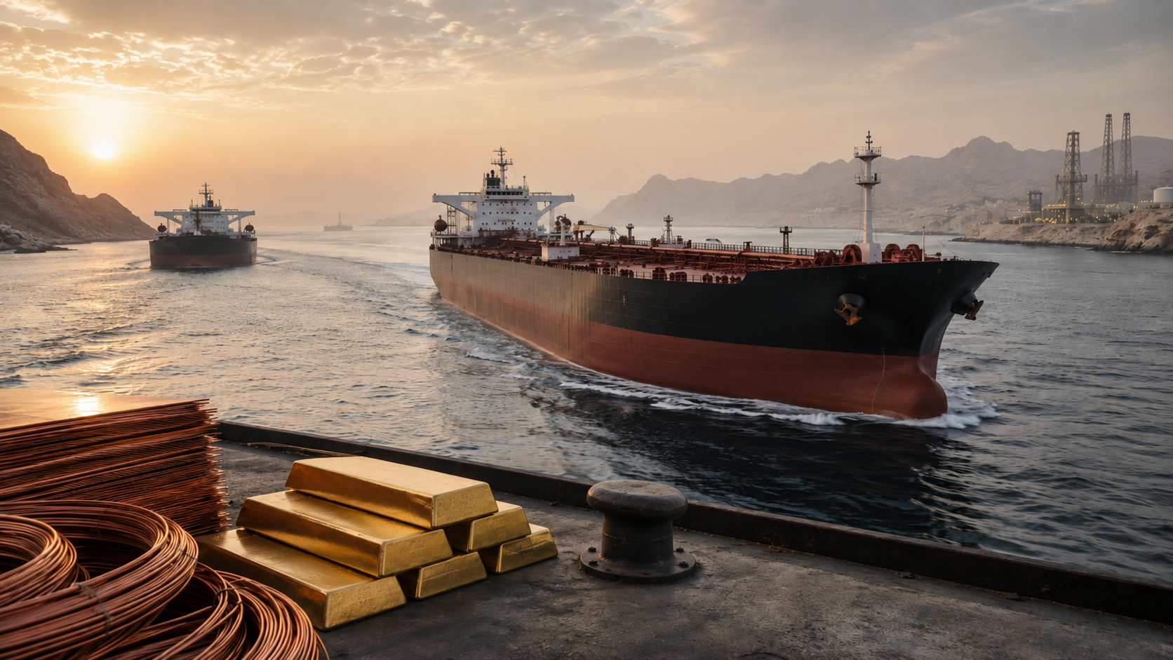 Photorealistic oil tankers moving through a narrow coastal waterway at sunrise, with offshore energy infrastructure, gold bars and copper materials symbolizing commodities markets.