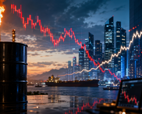 Oil barrel beside a refinery flare with a financial skyline, falling red market charts, and rising yield-style lines reflecting renewed inflation pressure from higher crude prices.