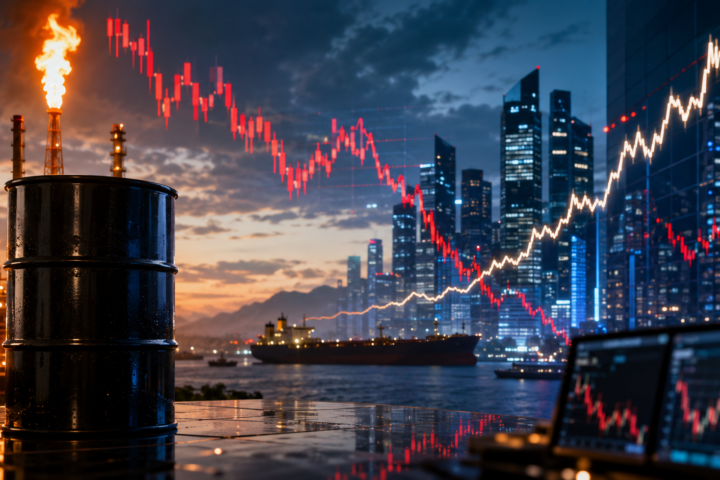 Oil barrel beside a refinery flare with a financial skyline, falling red market charts, and rising yield-style lines reflecting renewed inflation pressure from higher crude prices.