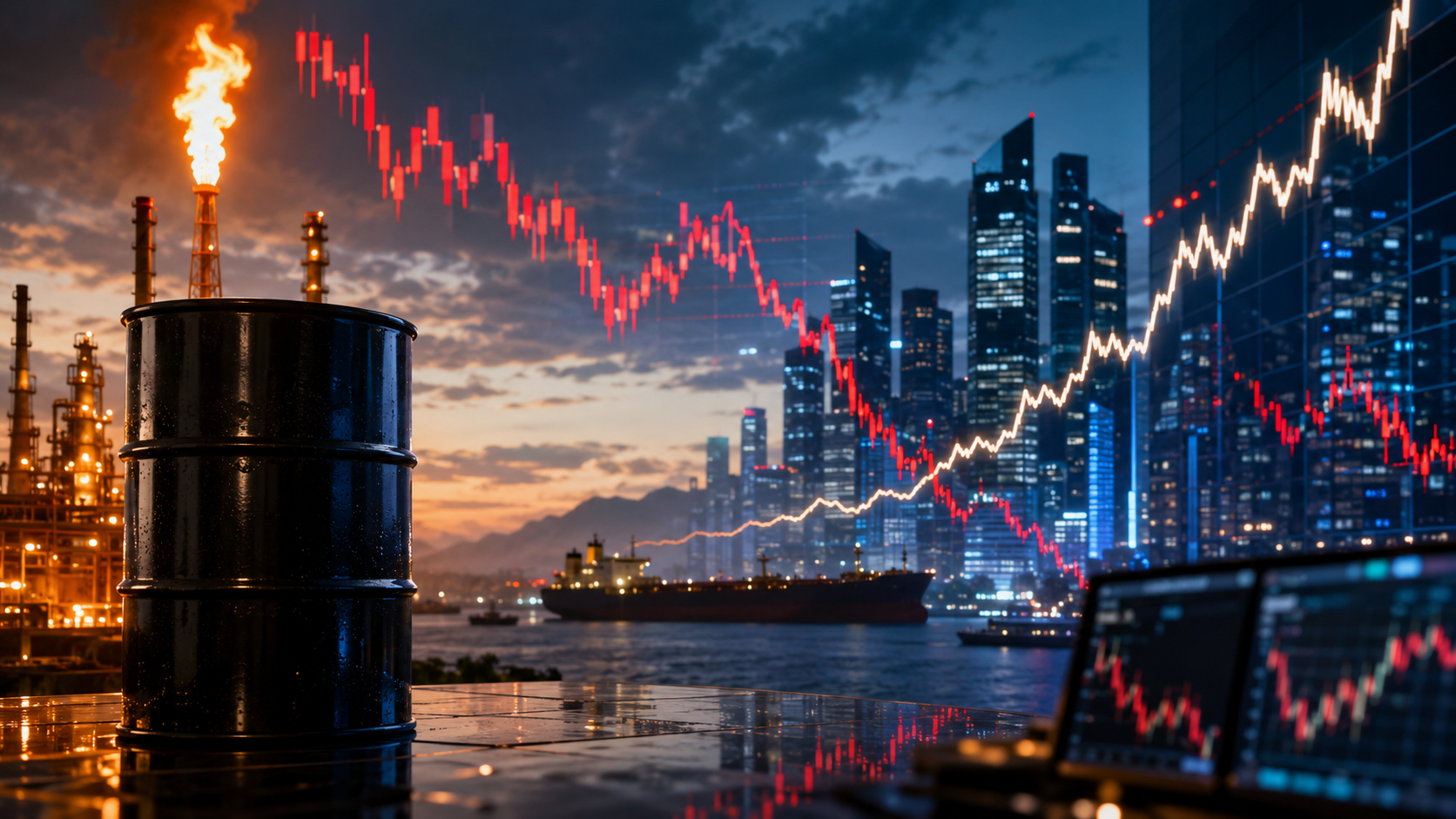 Oil barrel beside a refinery flare with a financial skyline, falling red market charts, and rising yield-style lines reflecting renewed inflation pressure from higher crude prices.