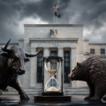 A bronze bull and bear face each other beside an hourglass outside a neoclassical central bank building under storm clouds.