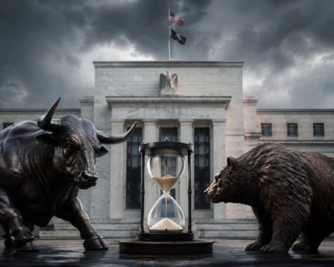A bronze bull and bear face each other beside an hourglass outside a neoclassical central bank building under storm clouds.