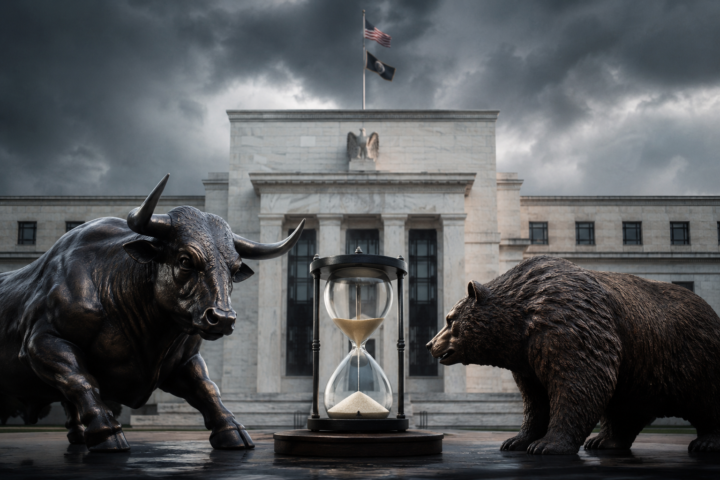 A bronze bull and bear face each other beside an hourglass outside a neoclassical central bank building under storm clouds.