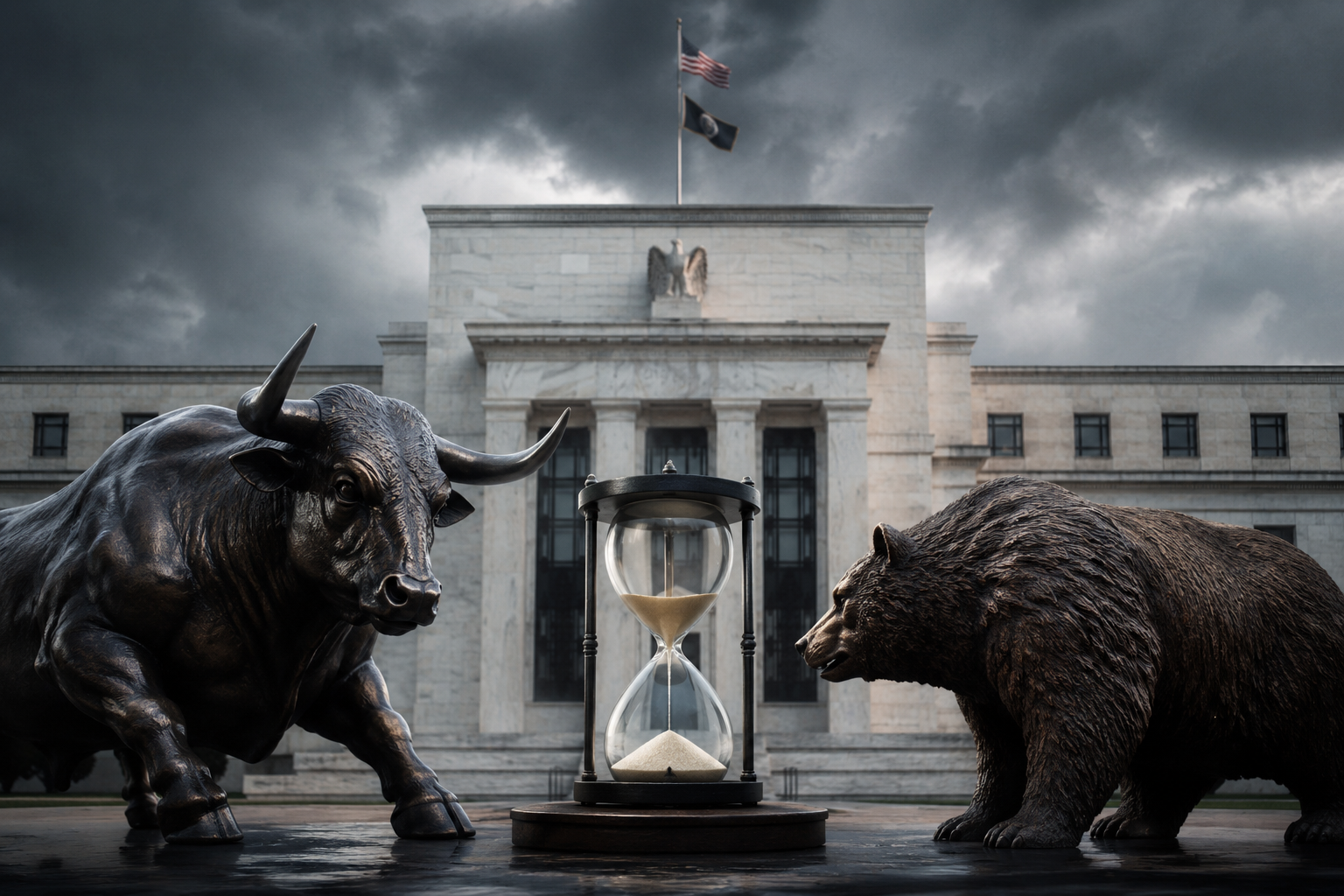 A bronze bull and bear face each other beside an hourglass outside a neoclassical central bank building under storm clouds.