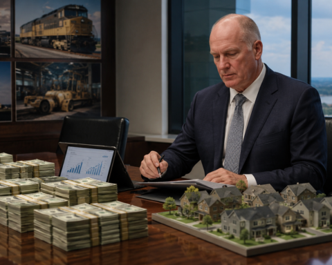 A business executive in a boardroom reviews documents beside stacks of cash, a housing-development model, and a tablet with charts, symbolizing Berkshire Hathaway’s renewed capital deployment under Greg Abel.