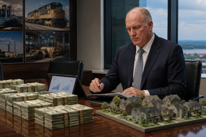 A business executive in a boardroom reviews documents beside stacks of cash, a housing-development model, and a tablet with charts, symbolizing Berkshire Hathaway’s renewed capital deployment under Greg Abel.