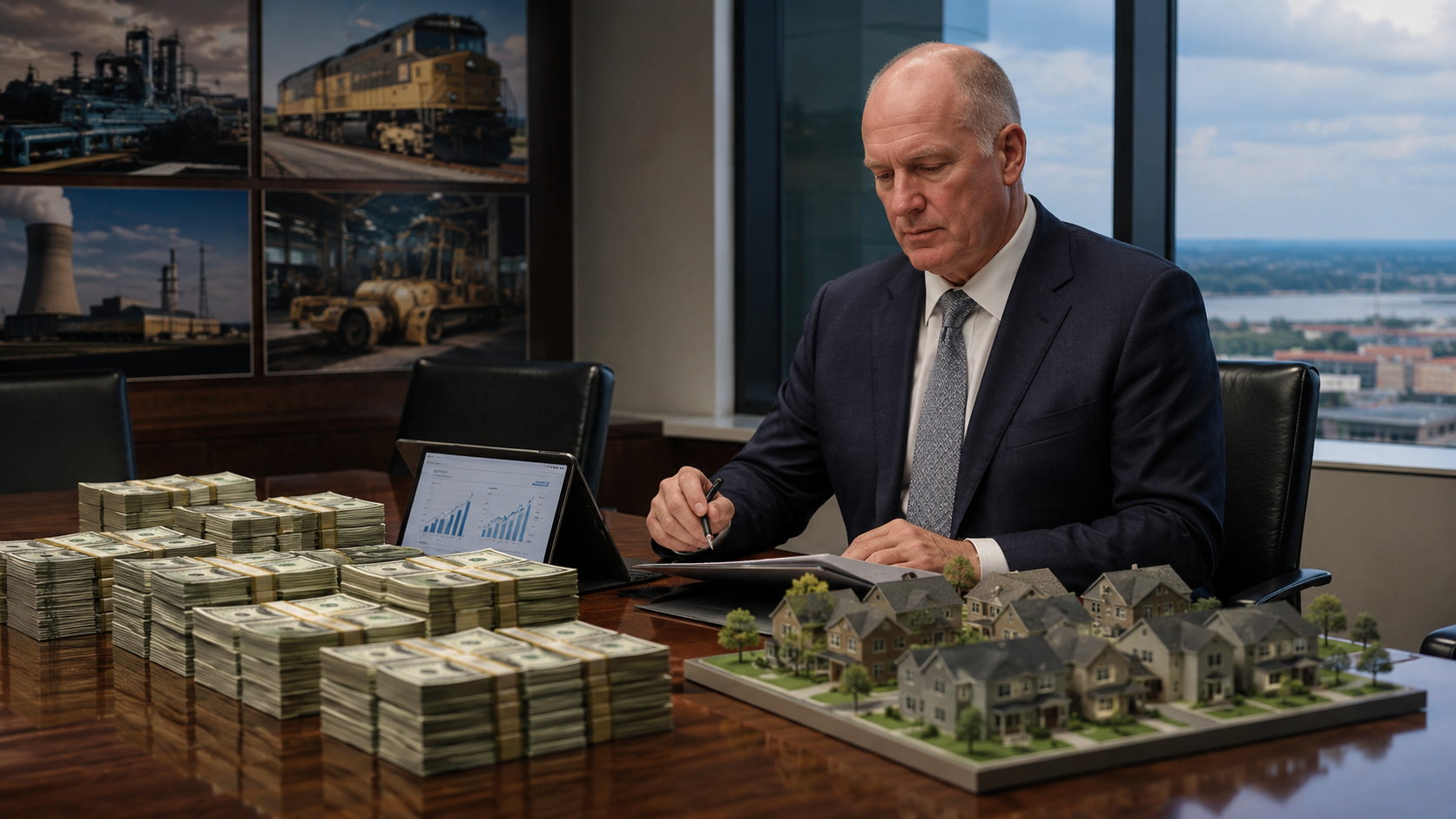 A business executive in a boardroom reviews documents beside stacks of cash, a housing-development model, and a tablet with charts, symbolizing Berkshire Hathaway’s renewed capital deployment under Greg Abel.