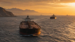 Large crude oil tankers sailing through the Strait of Hormuz at sunset amid renewed concerns over Gulf energy supplies.