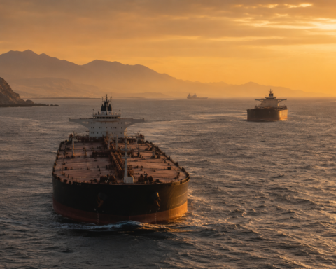Large crude oil tankers sailing through the Strait of Hormuz at sunset amid renewed concerns over Gulf energy supplies.