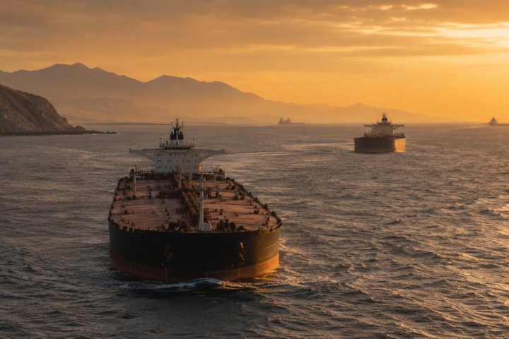 Large crude oil tankers sailing through the Strait of Hormuz at sunset amid renewed concerns over Gulf energy supplies.