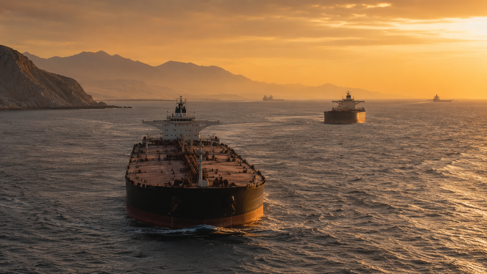 Large crude oil tankers sailing through the Strait of Hormuz at sunset amid renewed concerns over Gulf energy supplies.