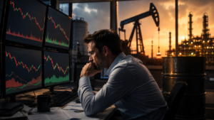 A market analyst studies falling stock charts on multiple monitors as an oil pumpjack, refinery, and crude oil barrel appear in the background at sunset.