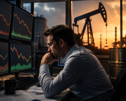 A market analyst studies falling stock charts on multiple monitors as an oil pumpjack, refinery, and crude oil barrel appear in the background at sunset.