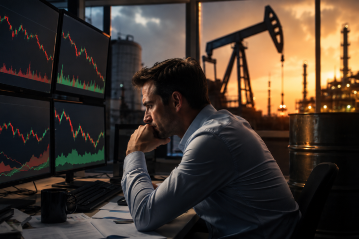 A market analyst studies falling stock charts on multiple monitors as an oil pumpjack, refinery, and crude oil barrel appear in the background at sunset.
