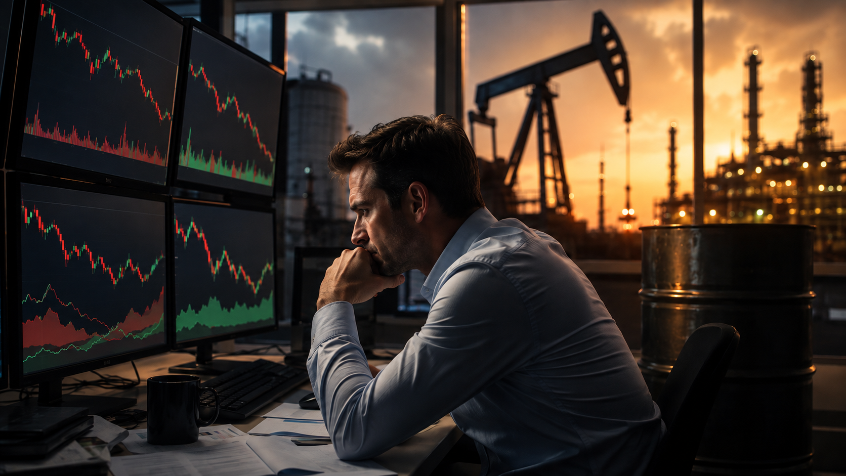 A market analyst studies falling stock charts on multiple monitors as an oil pumpjack, refinery, and crude oil barrel appear in the background at sunset.