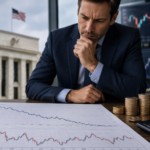 A serious investor studies falling market charts at a desk with coins, a calculator, and trading screens, with a U.S. government building and American flag blurred in the background.