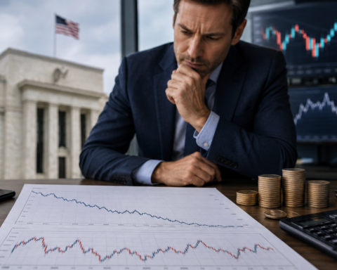 A serious investor studies falling market charts at a desk with coins, a calculator, and trading screens, with a U.S. government building and American flag blurred in the background.