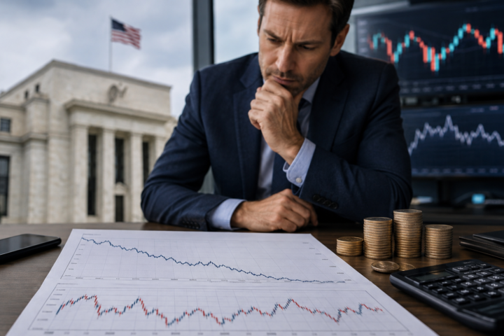 A serious investor studies falling market charts at a desk with coins, a calculator, and trading screens, with a U.S. government building and American flag blurred in the background.
