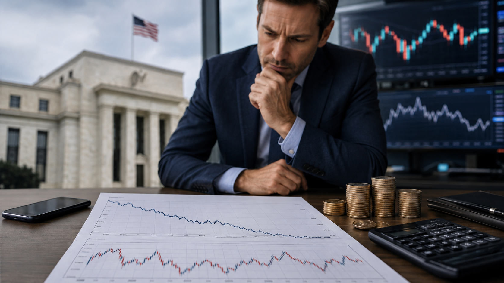 A serious investor studies falling market charts at a desk with coins, a calculator, and trading screens, with a U.S. government building and American flag blurred in the background.