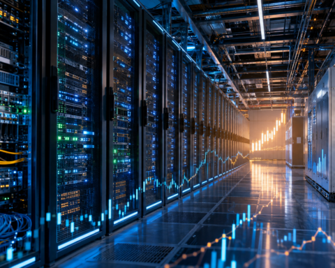 Modern AI data center with illuminated server racks, networking equipment and abstract market graphics symbolizing renewed investment in semiconductor and AI infrastructure stocks.