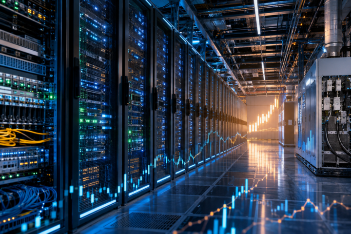 Modern AI data center with illuminated server racks, networking equipment and abstract market graphics symbolizing renewed investment in semiconductor and AI infrastructure stocks.