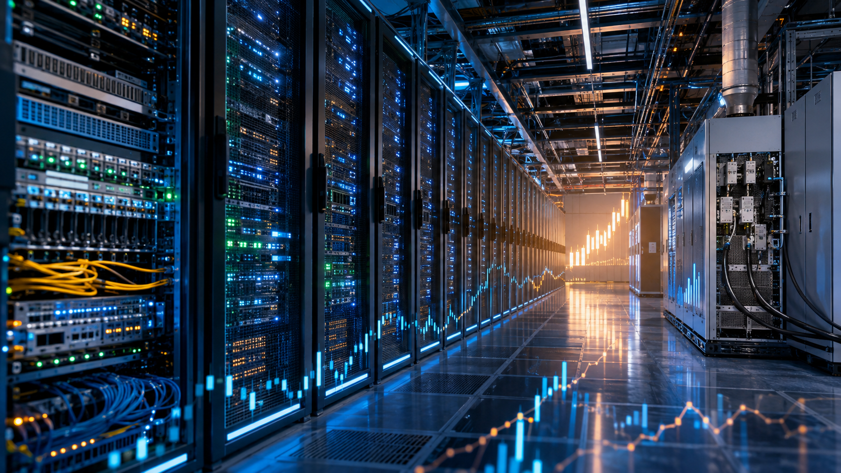 Modern AI data center with illuminated server racks, networking equipment and abstract market graphics symbolizing renewed investment in semiconductor and AI infrastructure stocks.