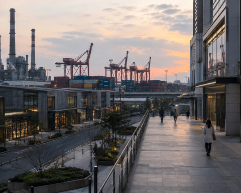 Industrial port, factories and shipping cranes behind a quiet urban shopping district, illustrating China’s strong manufacturing sector and weak domestic demand.