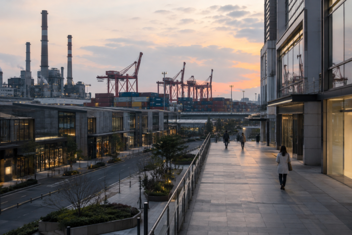 Industrial port, factories and shipping cranes behind a quiet urban shopping district, illustrating China’s strong manufacturing sector and weak domestic demand.