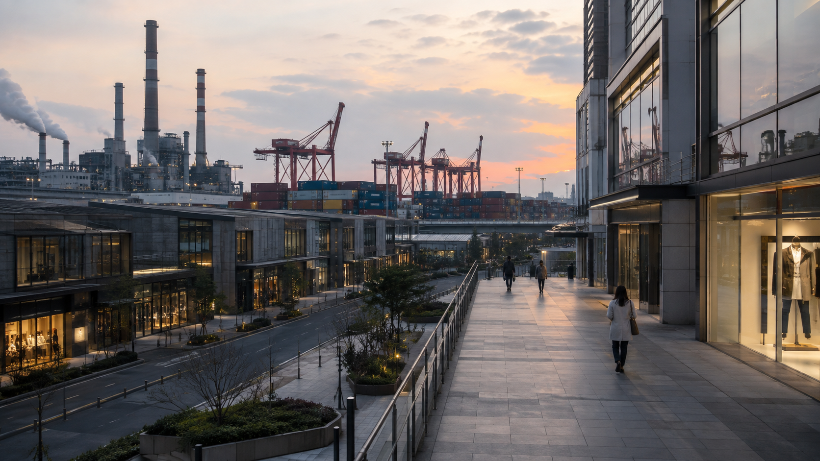 Industrial port, factories and shipping cranes behind a quiet urban shopping district, illustrating China’s strong manufacturing sector and weak domestic demand.