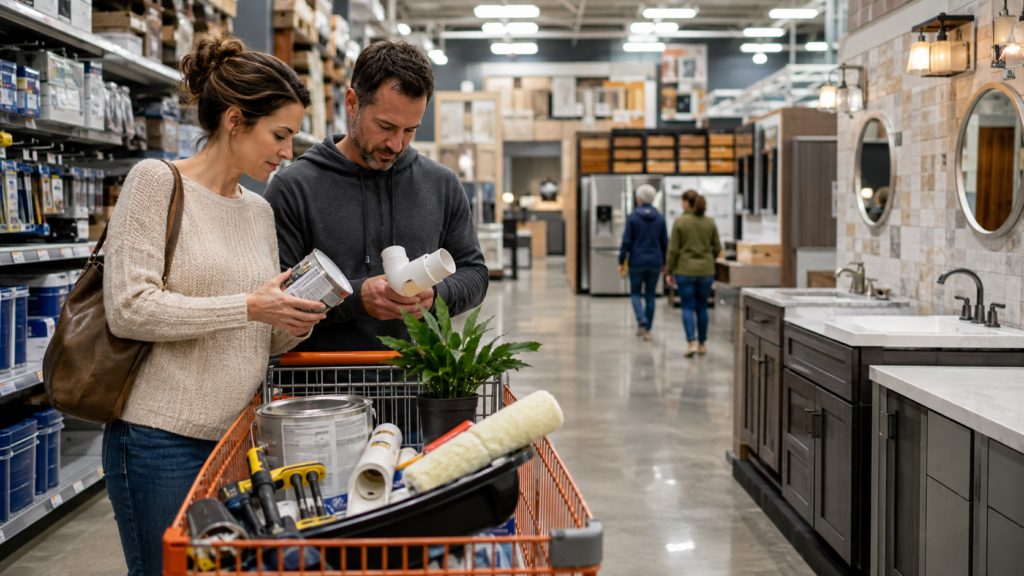Couple shopping for paint, plumbing parts, tools, and other small-project supplies inside a large home improvement store.