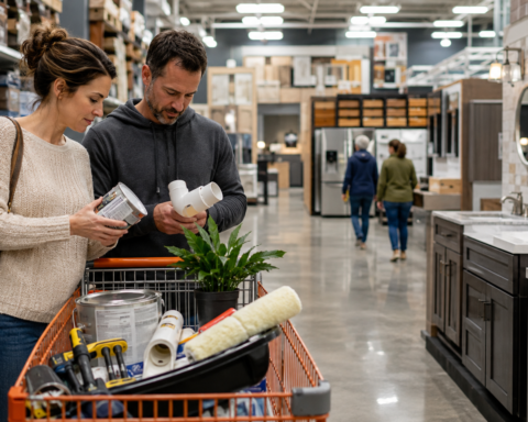Couple shopping for paint, plumbing parts, tools, and other small-project supplies inside a large home improvement store.