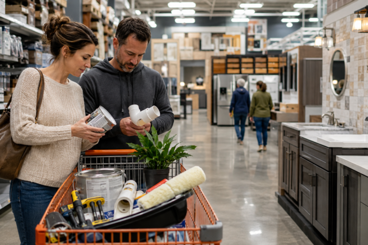 Couple shopping for paint, plumbing parts, tools, and other small-project supplies inside a large home improvement store.