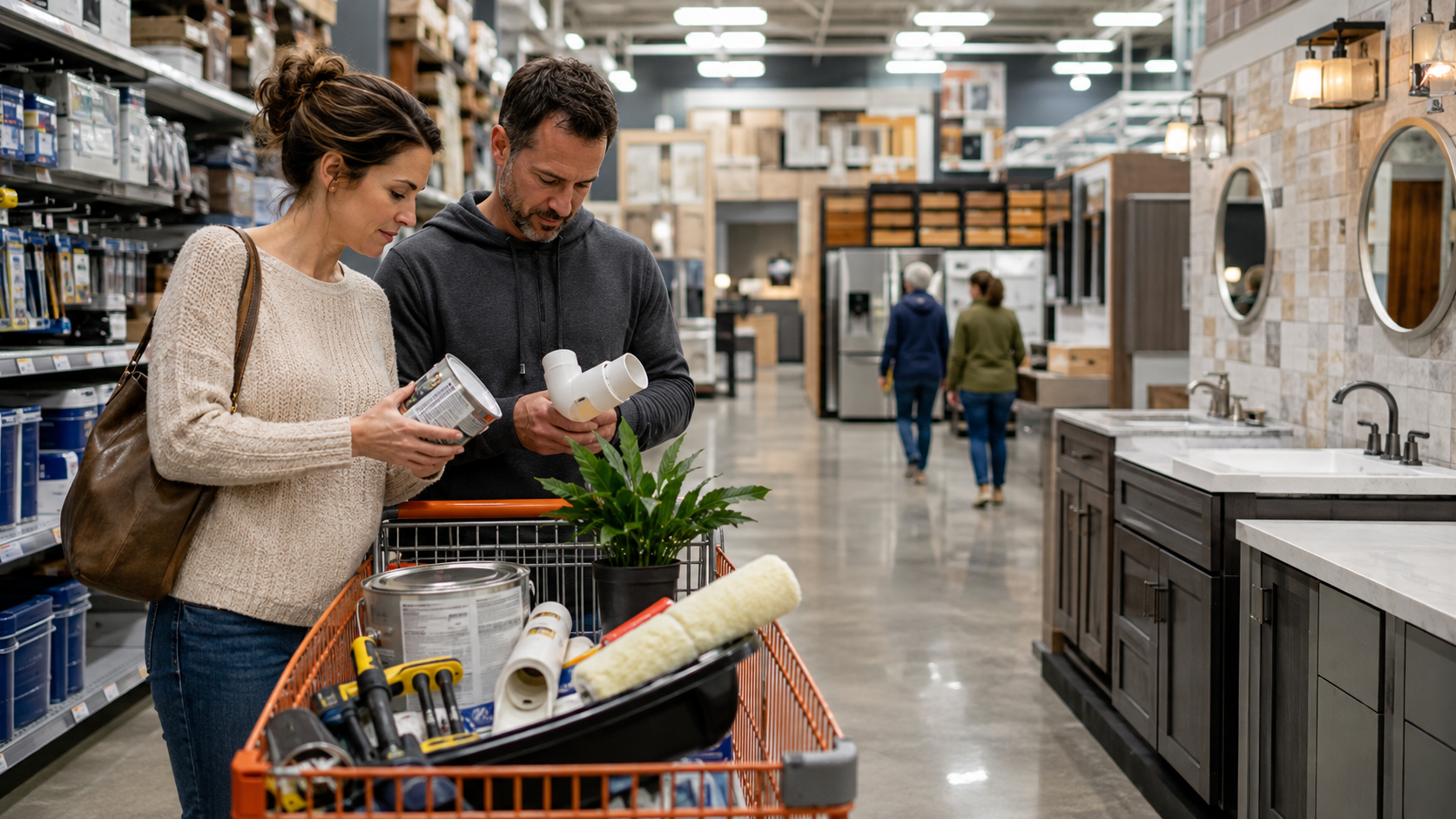 Couple shopping for paint, plumbing parts, tools, and other small-project supplies inside a large home improvement store.