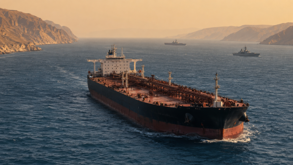 Large crude oil tanker sailing through a narrow Middle Eastern maritime corridor with rugged desert coastlines and distant patrol vessels.