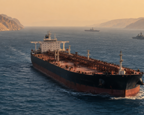 Large crude oil tanker sailing through a narrow Middle Eastern maritime corridor with rugged desert coastlines and distant patrol vessels.